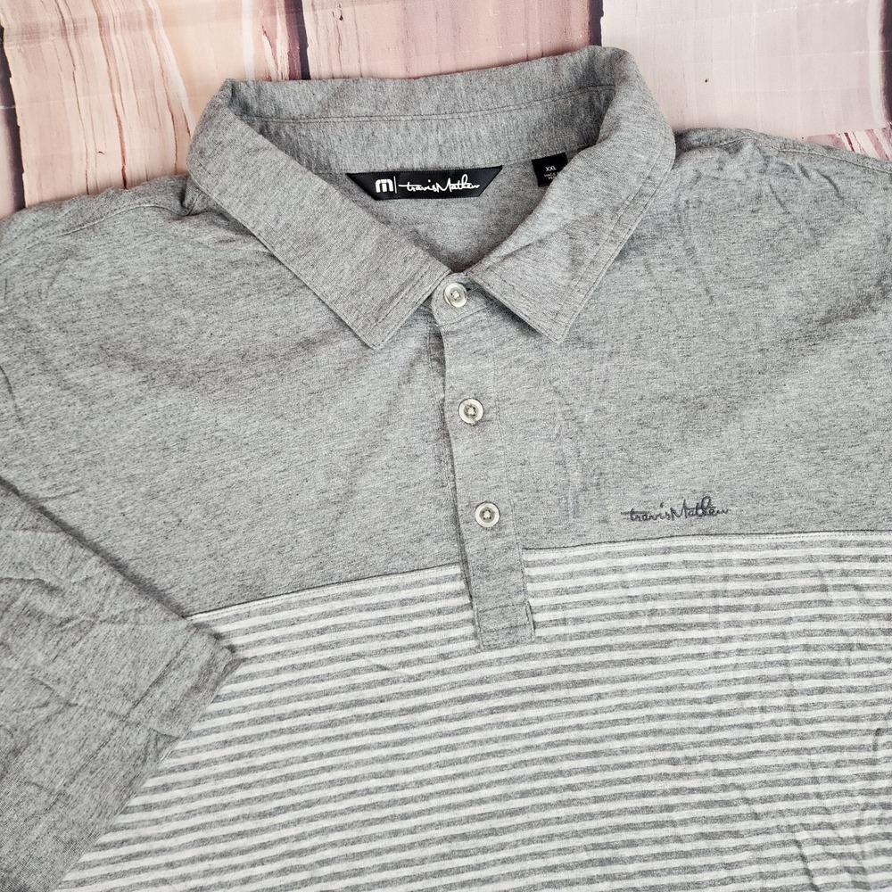 Travis Mathew Shirt Mens 2XL XXL Gray Block Striped Knit Polo Active Casual Golf